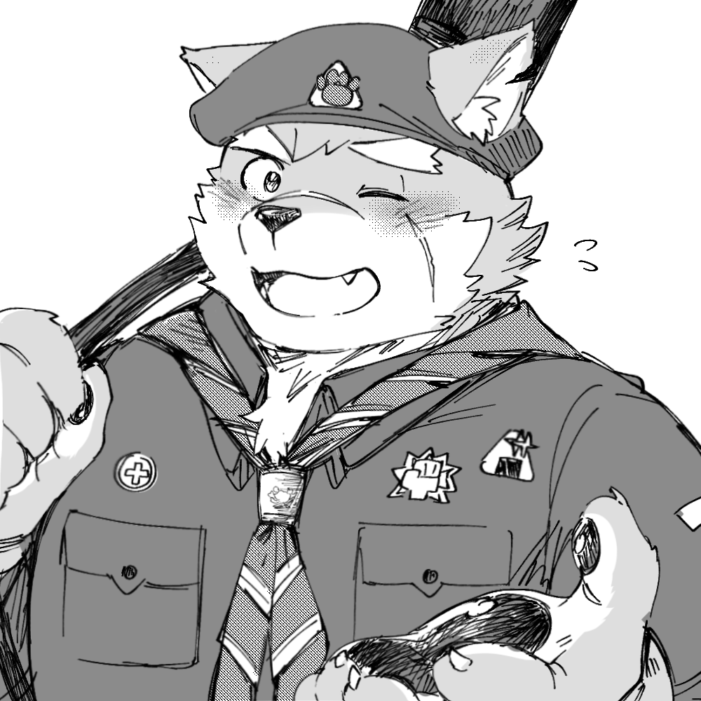 anthro blush bust_portrait canid canine canis clothing domestic_dog eyebrows hat headgear headwear lifewonders male mammal moritaka one_eye_closed pawpads portrait scar scout_uniform smile solo thick_eyebrows tokyo_afterschool_summoners whiteniar wink