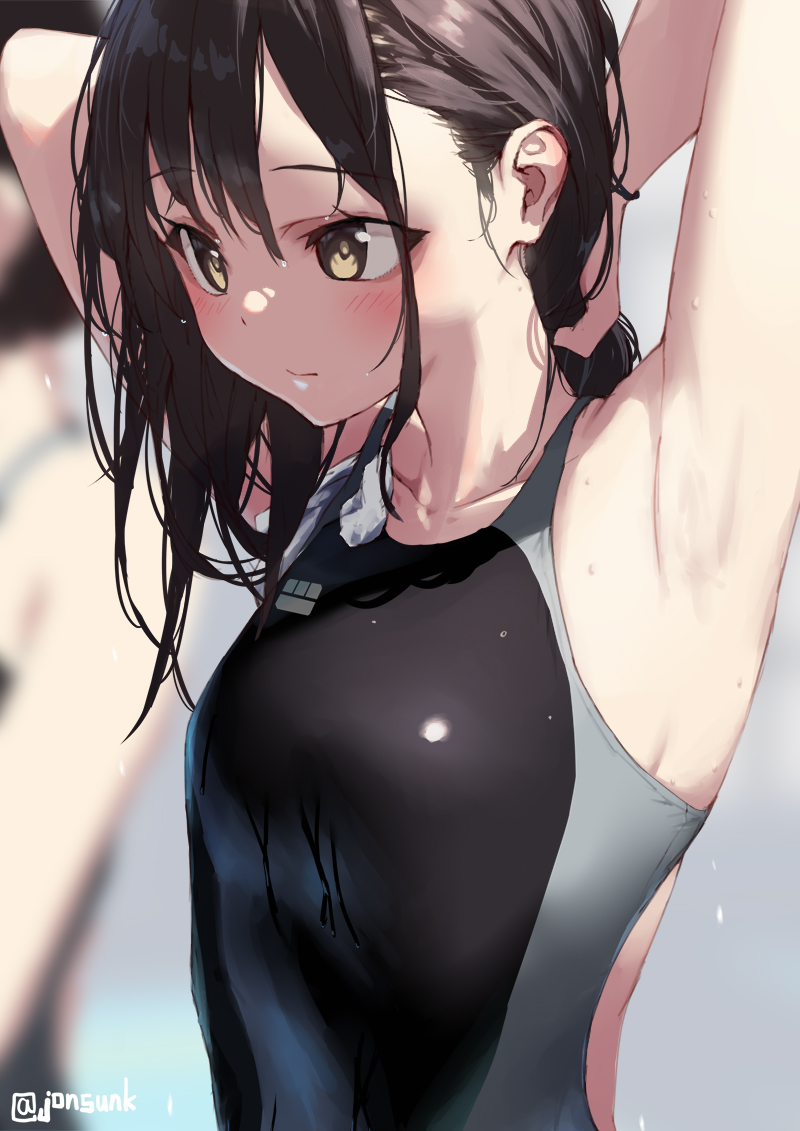 2girls adjusting_hair armpits arms_behind_head black_one-piece_swimsuit blurry blurry_background blush breasts brown_hair closed_mouth collarbone commentary_request competition_swimsuit hair_between_eyes jonsun multiple_girls one-piece_swimsuit original shiori_(jonsun) short_hair small_breasts solo_focus swimsuit twitter_username upper_body wet wet_hair