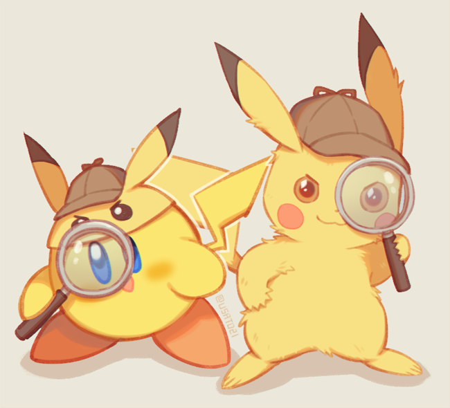 :3 :d blue_eyes blush brown_headwear closed_mouth commentary_request crossover detective detective_pikachu detective_pikachu_(character) hand_on_own_hip hand_up hat holding holding_magnifying_glass kirby kirby_(series) magnifying_glass open_mouth pikachu pokemon smile standing wusagi2 yellow_fur