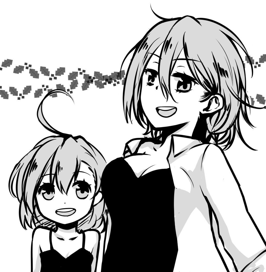 2girls age_difference ahoge alternate_costume bare_shoulders breasts child cleavage commentary_request dot_nose greyscale hair_between_eyes height_difference i.u.y large_breasts last_order_(toaru_majutsu_no_index) long_sleeves medium_hair messy_hair misaka_worst monochrome multiple_girls open_clothes open_mouth open_shirt siblings sisters sleeveless smile teeth toaru_majutsu_no_index toaru_majutsu_no_index:_old_testament upper_body upper_teeth_only