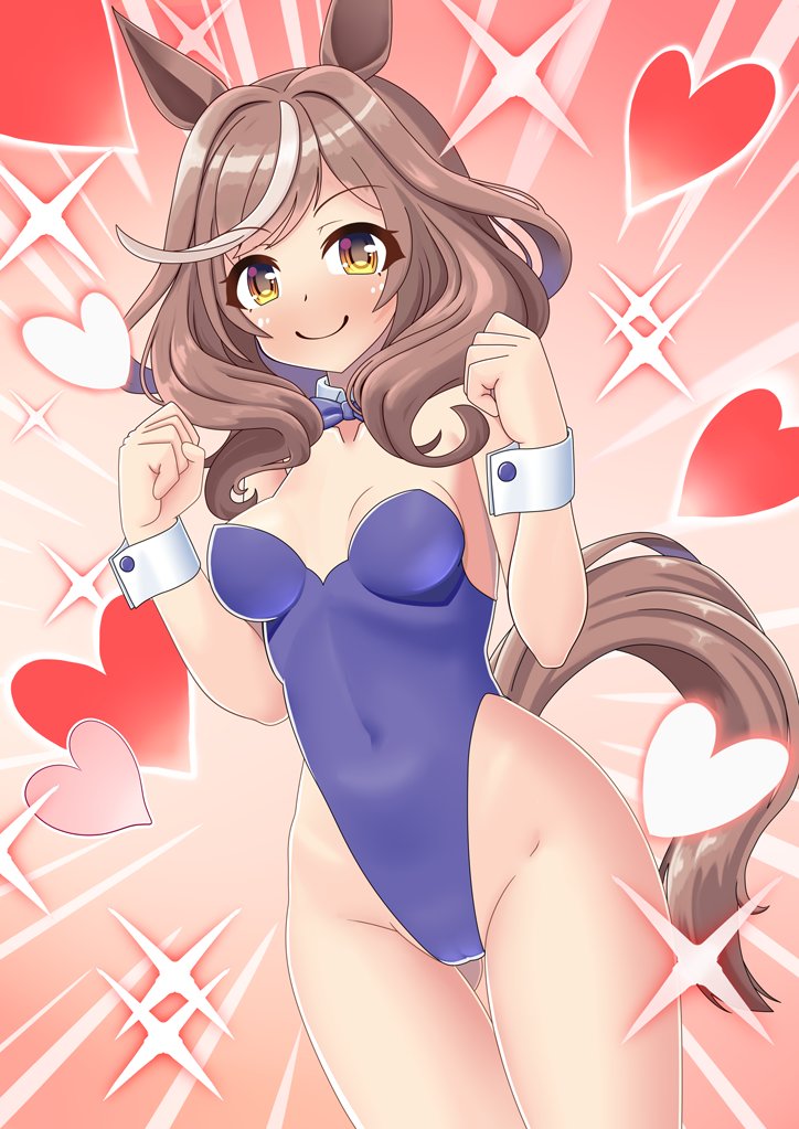 1girl animal_ears blush breasts brown_eyes brown_hair clenched_hands closed_mouth cosplay ei_ei_mun! ganimede groin heart horse_ears horse_girl horse_tail looking_at_viewer matikane_tannhauser_(umamusume) medium_breasts medium_hair playboy_bunny simple_background smile solo sparkle tail umamusume