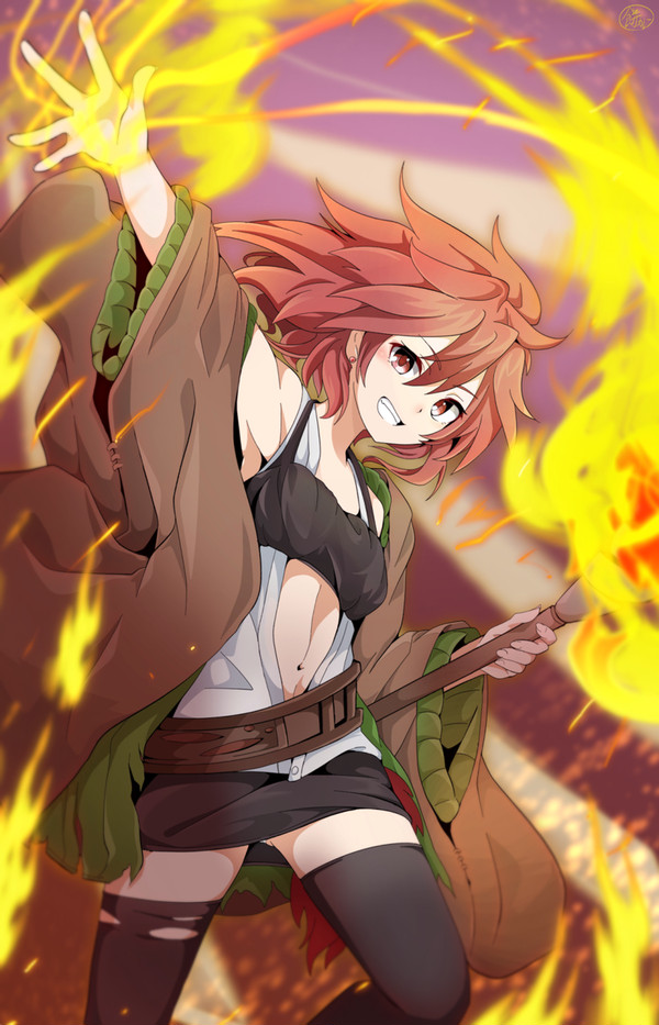 1girl arm_up bare_shoulders belt duel_monster feet_out_of_frame fire hiita_(yu-gi-oh!) hiita_the_fire_charmer holding holding_staff long_sleeves miniskirt mochi_curry navel open_clothes open_robe open_shirt pyrokinesis red_eyes red_hair robe skirt smile solo staff teeth thighhighs torn_clothes torn_thighhighs wide_sleeves yu-gi-oh!