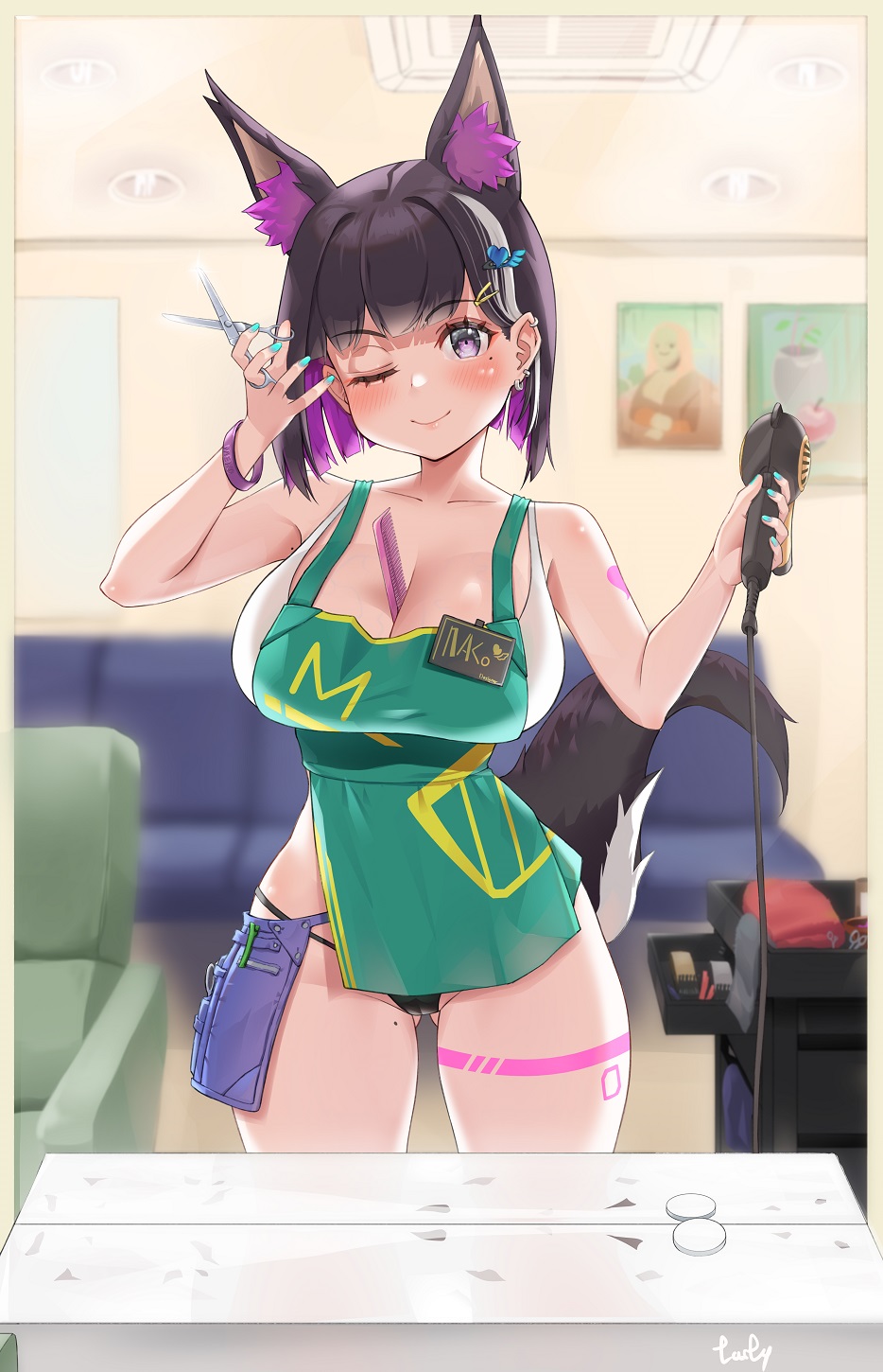 1girl ;) animal_ear_fluff animal_ears apron aqua_eyes bare_shoulders between_breasts black_hair black_panties blunt_bangs blush bra breasts cameltoe character_name colored_inner_hair comb commission couch curvy cutting_hair ear_piercing fox_ears fox_girl fox_tail green_apron grey_hair hair_dryer hair_ornament hairclip hairdressing harry_(dudwofla) highres holding holding_hair_dryer holding_scissors indoors large_breasts looking_at_mirror looking_at_viewer mirror mole mole_under_eye multicolored_hair naked_apron name_tag one_eye_closed original panties piercing purple_eyes purple_hair reflection scissors short_hair smile solo streaked_hair string_panties tail thick_thighs thighs underwear white_bra