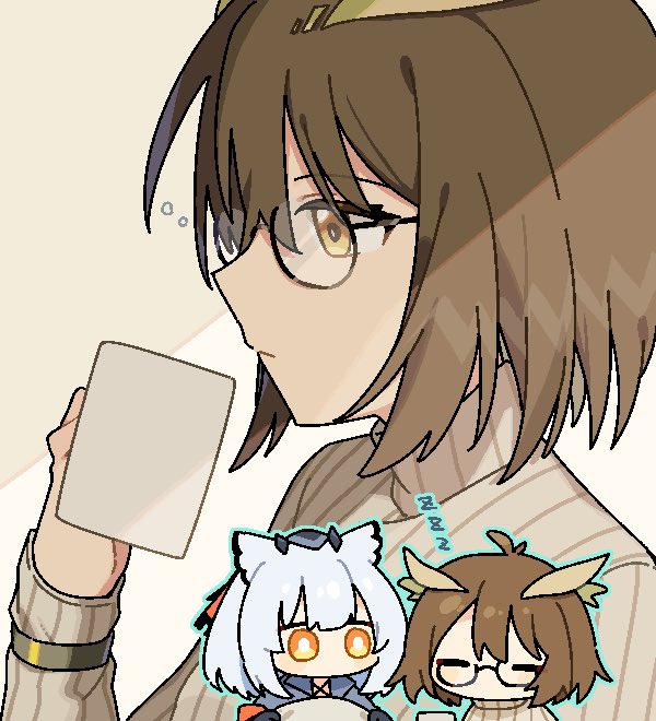 2girls arknights black_gloves blue_jacket brown_background brown_hair brown_sweater chibi closed_eyes commentary cup feather_hair from_side frown glasses gloves holding holding_cup jacket long_sleeves looking_at_another maguro_kan mug multiple_girls orange_eyes outline pixelated profile ptilopsis_(arknights) ribbed_sweater semi-rimless_eyewear shaded_face short_hair silence_(arknights) sleeping sweater upper_body white_background white_hair zzz