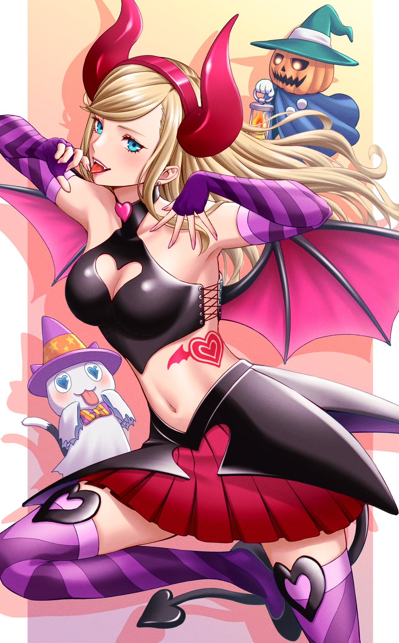 1girl :3 alternate_costume alternate_hairstyle bare_shoulders blonde_hair blue_eyes breasts cat cat_tail cleavage_cutout clothing_cutout commentary_request demon_girl demon_horns demon_tail demon_wings elbow_gloves fake_horns fake_tail fake_wings fangs fingerless_gloves fingernails floating_hair ghost_costume gloves halloween_costume hat heart heart-shaped_pupils highres horns lips long_hair looking_at_viewer masatoshi_1219 medium_breasts midriff morgana_(persona_5) navel open_mouth persona persona_5 pink_lips pink_nails purple_gloves purple_thighhighs pyro_jack red_horns red_skirt skirt standing standing_on_one_leg striped striped_thighhighs symbol-shaped_pupils tail takamaki_anne tattoo thighhighs tongue tongue_out wings witch witch_hat