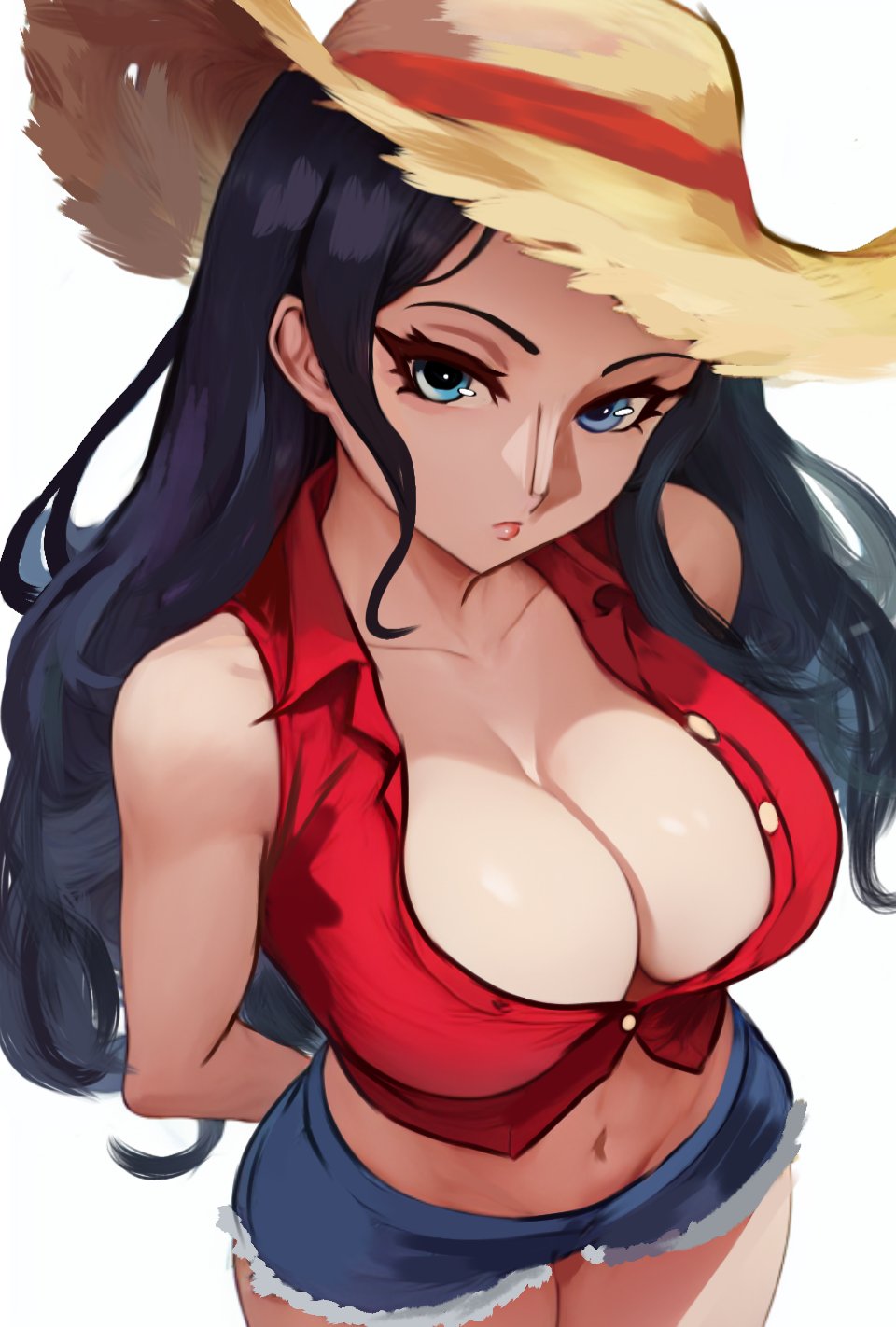 1girl arms_behind_back bare_arms bare_shoulders black_hair blue_eyes breasts cleavage closed_mouth collarbone cosplay cowboy_shot crop_top cutoffs denim denim_shorts from_above hat highres large_breasts looking_at_viewer monkey_d._luffy monkey_d._luffy_(cosplay) navel nico_robin one_piece one_piece_treasure_cruise partially_unbuttoned shirt shorts simple_background sleeveless sleeveless_shirt solo straw_hat vivian_opart white_background