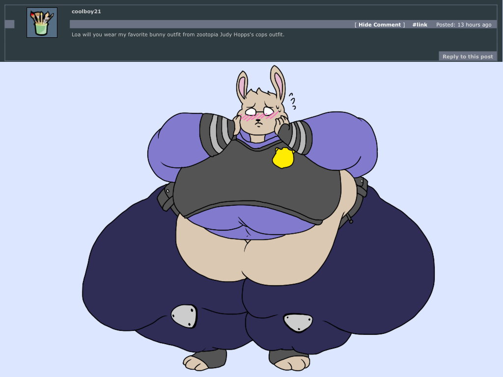 2018 3_toes 4:3 4_fingers anthro ask_blog badge batspid2 belly belt belt_pouch big_belly big_breasts biped black_belt black_nose blue_background blue_clothing blush blush_lines bodily_fluids bottomweat breasts clothing cosplay digital_drawing_(artwork) digital_media_(artwork) disney emanata embarrassed english_text eyebrows eyewear feet female fingers flat_colors footwear fur glasses huge_breasts huge_thighs hyper hyper_thighs judy_hopps knee_pads lagomorph leporid loa_(batspid2) mammal morbidly_obese morbidly_obese_anthro morbidly_obese_female navel obese obese_anthro obese_female overweight overweight_anthro overweight_female police police_officer police_uniform rabbit simple_background solo standing sweat sweatdrop tan_body tan_fur text thick_thighs tight_clothing toeless_footwear toes uniform utility_belt wide_hips zootopia