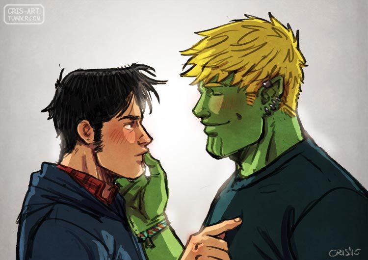 2boys alien bad_id bad_tumblr_id bara black_hair blonde_hair blush closed_eyes colored_skin couple cris_art ear_piercing finger_to_another's_mouth from_side green_skin hulkling long_sideburns male_focus marvel multiple_boys pectorals piercing poking poking_pecs shirt short_hair sideburns sideburns_stubble smile t-shirt thick_eyebrows toned toned_male upper_body wiccan yaoi