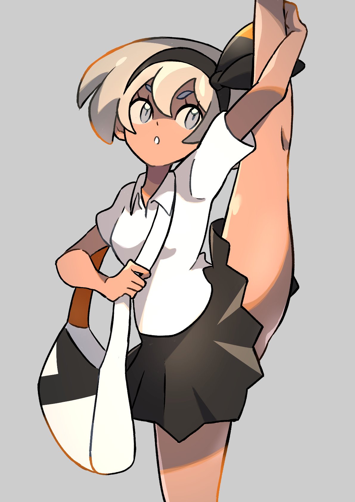 1girl arm_up bag bea_(pokemon) blonde_hair bow_hairband breasts collared_shirt commentary_request eyelashes grey_background grey_eyes hairband highres kisama_(0213) leg_hold looking_up messenger_bag parted_lips pokemon pokemon_(game) pokemon_swsh school_uniform shirt short_hair short_sleeves shoulder_bag simple_background skirt solo split standing standing_on_one_leg standing_split white_shirt