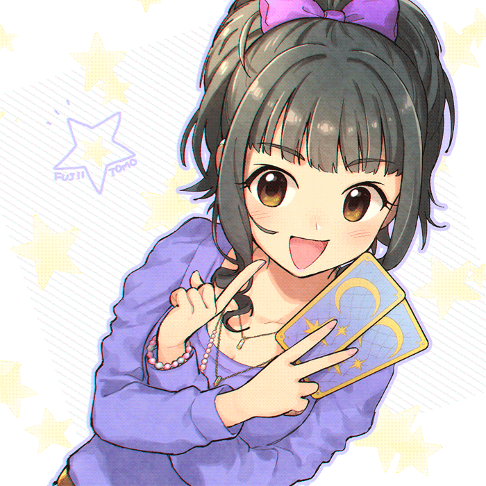 1girl black_hair blush bow bracelet breasts brown_eyes card character_name cinderella_girls_gekijou cleavage collarbone fujii_tomo hair_bow hair_ribbon holding holding_card idolmaster idolmaster_cinderella_girls idolmaster_cinderella_girls_starlight_stage index_finger_raised jewelry long_hair long_sleeves looking_at_viewer nanonin necklace open_mouth ponytail purple_ribbon purple_shirt ribbon shirt smile solo star_(symbol) starry_background tarot white_background