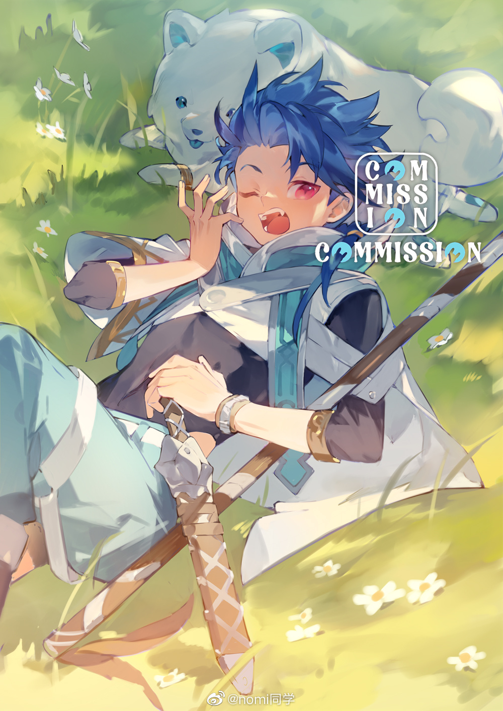 1boy animal asymmetrical_bangs blue_hair bodysuit bodysuit_under_clothes braid braided_ponytail capelet child cu_chulainn_(fate) dagger dog fate/grand_order fate_(series) highres holding holding_polearm holding_weapon hood hooded_capelet knife long_hair looking_at_viewer lying male_child male_focus muscular muscular_child nomi5669726647 on_back one_eye_closed outdoors polearm puffy_pants puppy red_eyes samoyed_(dog) setanta_(fate) sheath sheathed solo weapon white_dog wristband yawning