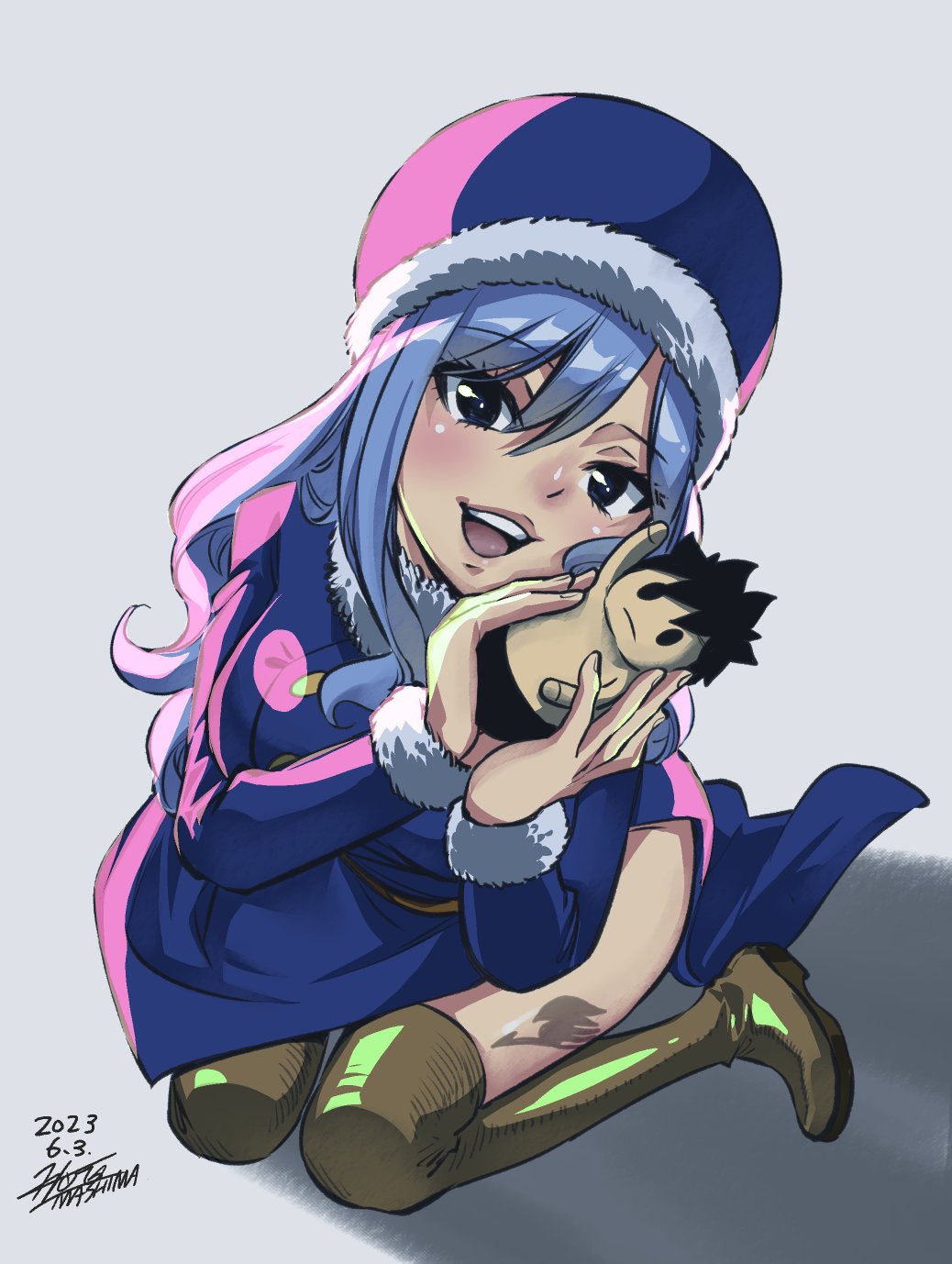 1girl blue_dress blue_eyes blue_hair blue_headwear blush boots breasts brown_footwear character_doll dated dress fairy_tail fairy_tail_logo fur-trimmed_headwear fur-trimmed_sleeves fur_trim grey_background hair_between_eyes highres juvia_lockser knee_boots large_breasts leg_tattoo long_hair long_sleeves looking_at_viewer mashima_hiro open_mouth side_slit signature simple_background sitting smile solo tattoo