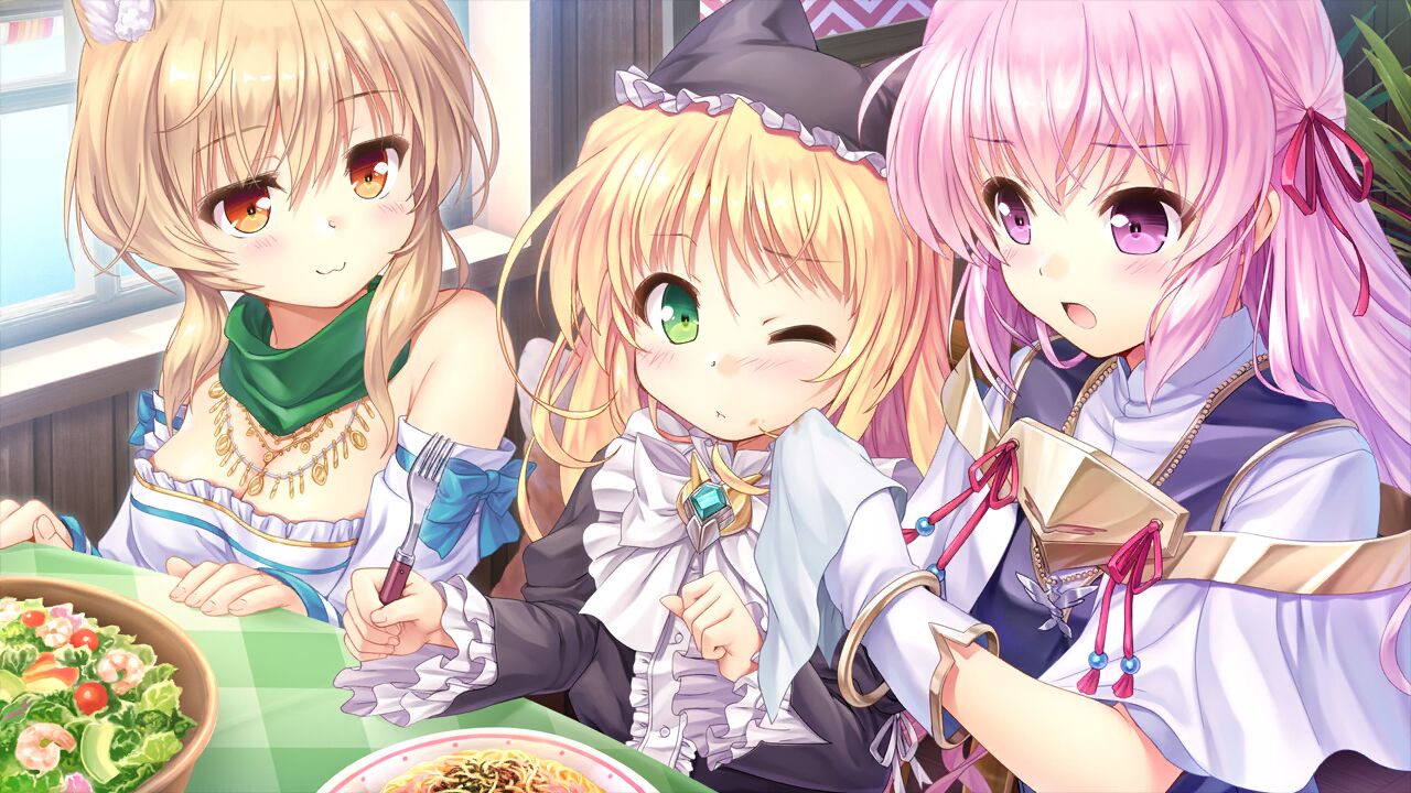 3girls :3 animal_ears ascot black_headwear blonde_hair bracelet breasts brooch brown_hair capelet child cleavage detached_sleeves dress estel_freesia food food_on_face fork frilled_dress frills game_cg gloves gothic_lolita green_ascot green_brooch green_eyes hair_ribbon hand_on_table handkerchief hat hat_with_ears holding holding_fork holding_handkerchief indoors iris_mysteria! jewelry laura_kelyrie lolita_fashion long_hair long_sleeves medium_breasts multiple_girls necklace one_eye_closed orange_eyes pasta pink_eyes pink_hair pout red_ribbon ribbon salad shirt short_hair short_sleeves sitting sleeve_ribbon white_gloves white_ribbon window worried wreathlit_noel yoake_mae_yori_ruri_iro_na