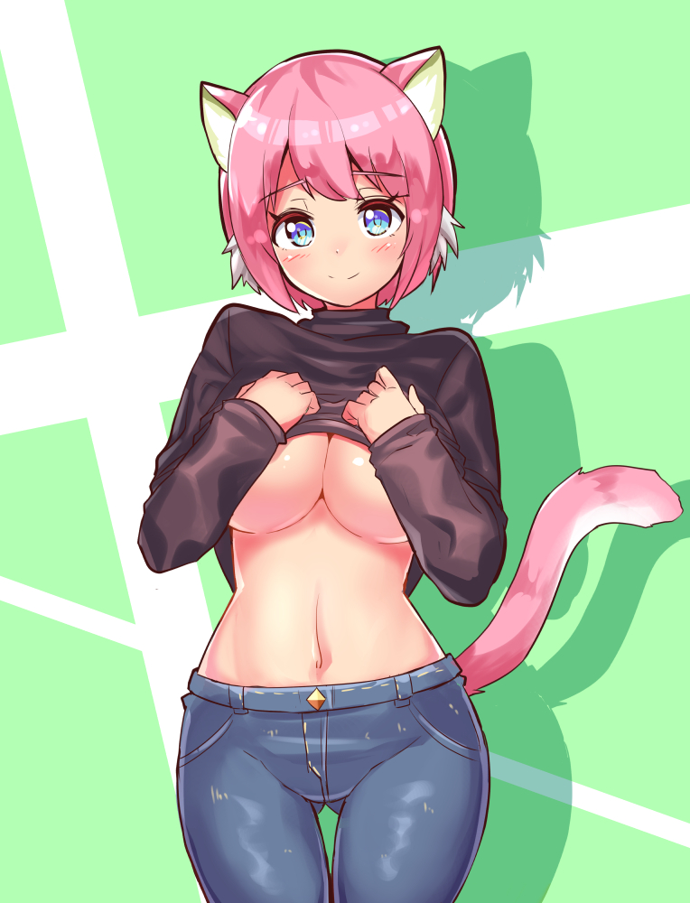 1girl animal_ears ass_visible_through_thighs black_shirt blue_eyes blush bob_cut breasts casual cat_ears cat_girl cat_tail cleavage closed_mouth clothes_lift commentary cougar_(cougar1404) cowboy_shot cut_cat denim green_background grey_pants jeans large_breasts lifted_by_self long_sleeves looking_at_viewer navel no_bra pants pfirsia_(cut_cat) pink_hair shadow shirt shirt_lift short_hair skin_tight smile solo standing symbol-only_commentary tail thigh_gap turtleneck