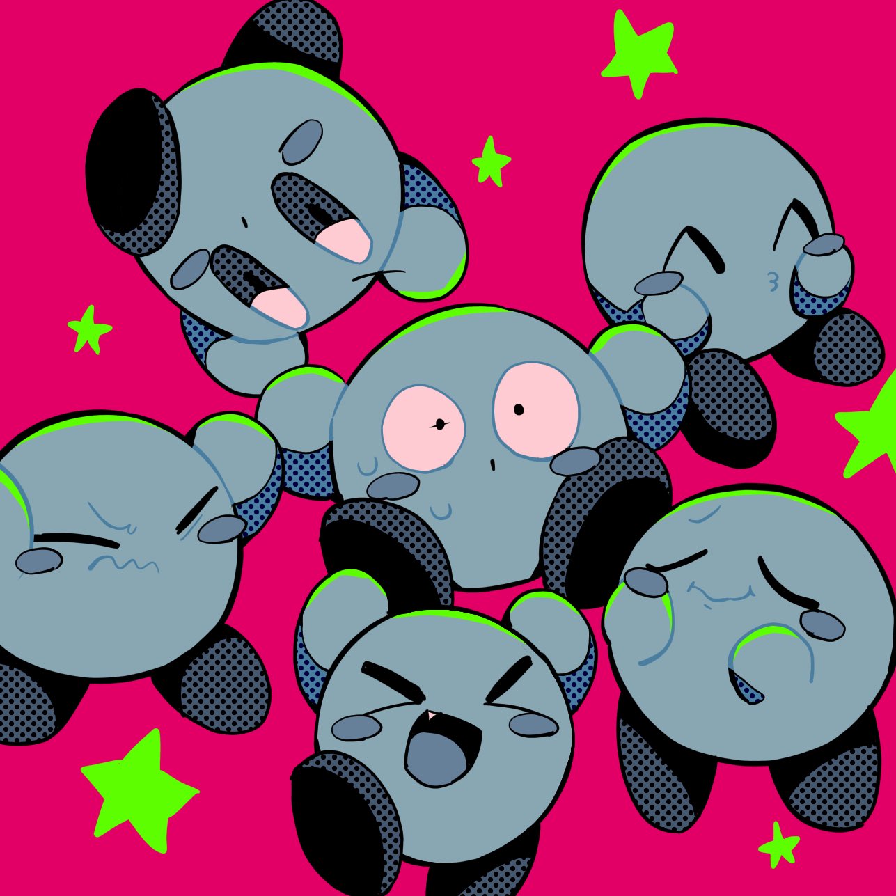 &gt;_&lt; ^3^ ^_^ blush_stickers clone closed_eyes closed_mouth commentary fang highres kirby kirby_(series) menma_(enaic31) no_humans official_alternate_color open_mouth pink_background simple_background smile star_(symbol) sweatdrop symbol-only_commentary unusually_open_eyes wavy_mouth