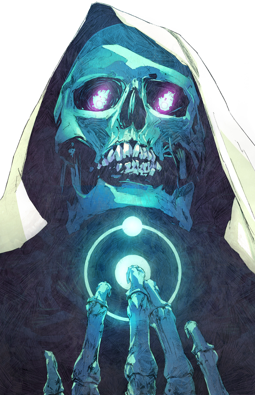 1other chun_lo glowing glowing_eyes grey_background hand_up highres hood hood_up light looking_at_viewer original simple_background skull solo teeth upper_body
