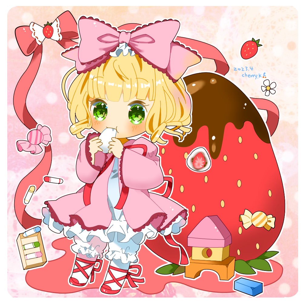 1girl :t block blonde_hair bloomers blunt_bangs blush bow chibi closed_mouth coat commentary_request crayon dated dress eating flat_chest food frilled_bow frilled_dress frills fruit full_body green_eyes hair_bow hinaichigo kusunoki_cherry leg_ribbon lolita_fashion long_sleeves medium_bangs mochi neck_ribbon pantyhose pink_bow pink_coat red_footwear red_ribbon ribbon rozen_maiden shoes short_hair solo star-shaped_pupils star_(symbol) strawberry strawberry_chocolate symbol-shaped_pupils underwear white_bloomers white_dress white_pantyhose wide_sleeves wrapped_candy