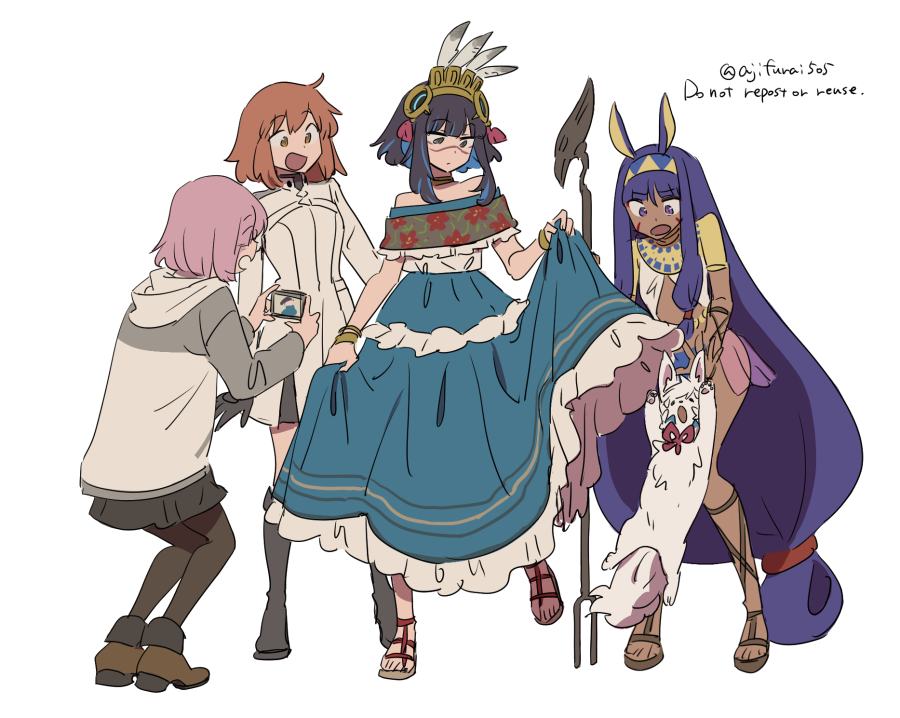 4girls :d animal_ears asaya_minoru black_gloves black_hair black_skirt blue_hair boots brown_footwear brown_pantyhose cellphone closed_mouth dark-skinned_female dark_skin dress egyptian egyptian_clothes english_text fate/grand_order fate_(series) fou_(fate) fujimaru_ritsuka_(female) gloves grey_footwear holding holding_phone hood hood_down hooded_jacket jackal_ears jacket knee_boots long_hair long_sleeves mash_kyrielight multicolored_hair multiple_girls nitocris_(fate) pantyhose phone pleated_skirt purple_eyes purple_hair sandals simple_background skirt smile staff standing standing_on_one_leg tenochtitlan_(fate) twitter_username two-tone_hair very_long_hair white_background white_dress white_jacket