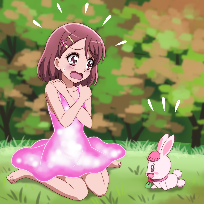 animal_ears barefoot blush commentary_request dress flower grass hair_flower hair_ornament hanadera_nodoka hands_on_shoulders healin'_good_precure kneeling on_grass onomekaman open_mouth pink_dress precure rabbit_ears rabirin_(precure)