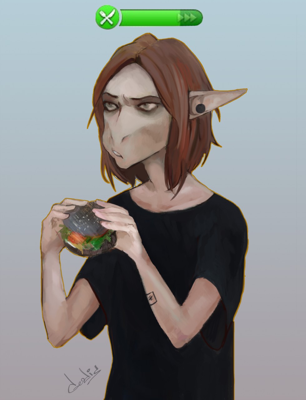 2018 akrolayn ambiguous_gender ambiguous_species anthro black_clothing black_shirt black_t-shirt black_topwear brown_eyes clothing digital_media_(artwork) digital_painting_(artwork) ear_piercing eating eating_burger eating_food electronic_arts gameplay_mechanics hair half-length_portrait hi_res hunger_bar maxis_(ea) orange_hair piercing portrait shirt solo t-shirt tan_body tan_skin the_sims topwear