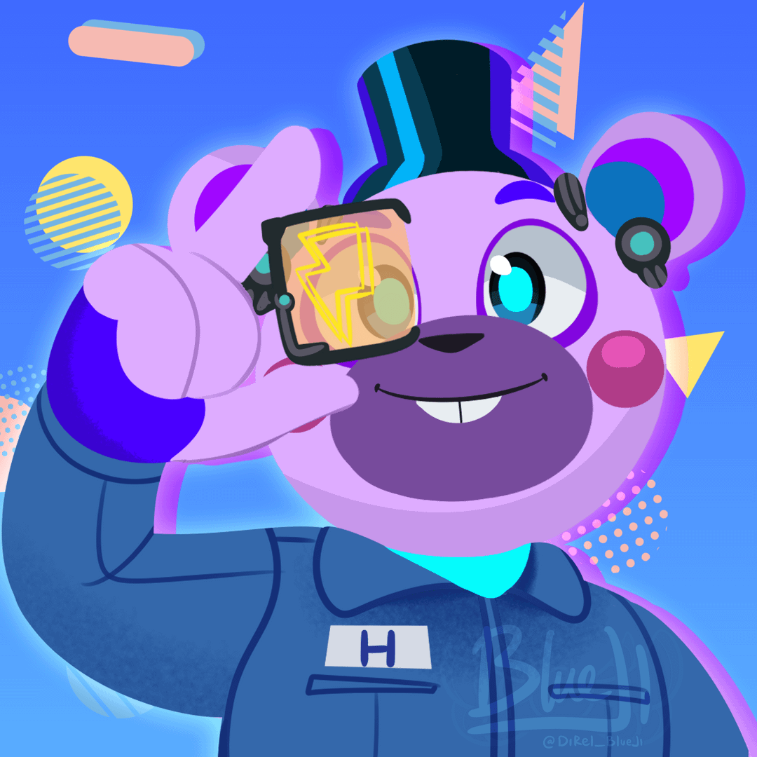 bear blue_background buckteeth bust_portrait clothing fingerless_gloves five_nights_at_freddy's:_security_breach_ruin gloves handwear hat headgear headwear helpi_(fnaf) lineless male mammal on_model portrait reddit_user scottgames simple_background solo teeth watermark