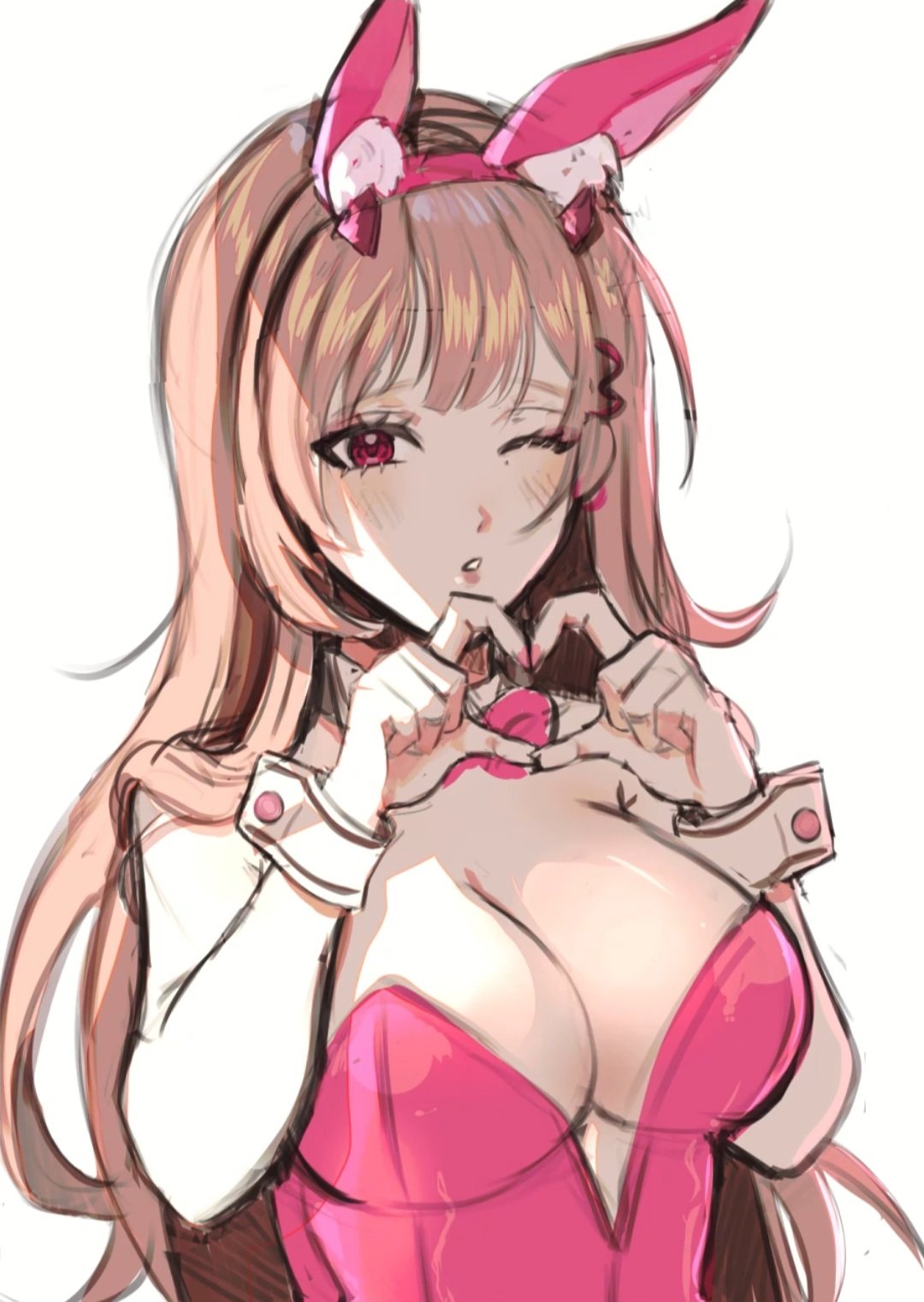 1girl :d animal_ears bare_shoulders between_breasts blush bow bowtie breasts cleavage detached_collar fake_animal_ears fake_nails goddess_of_victory:_nikke heart highres large_breasts leotard light_brown_hair lilinee long_hair nail_polish pantyhose phone pink_eyes pink_horns pink_leotard rabbit_ears rabbit_tail red_bow red_bowtie sidelocks smile solo strapless strapless_leotard tail upper_body viper_(nikke) viper_(toxic_rabbit)_(nikke) wrist_cuffs