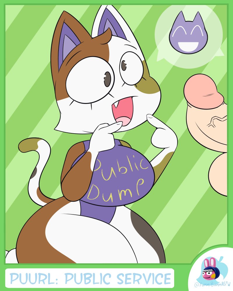 animal_crossing anthro balls big_breasts breasts brown_body brown_fur clothing derp_eyes disembodied_penis domestic_cat eyelashes felid feline felis female fur genitals green_background grey_body grey_eyes grey_fur head_tuft huge_breasts kneeling leotard male mammal nintendo open_mouth pattern_background penis pointing_at_mouth purple_clothing purple_leotard purrl_(animal_crossing) simple_background snaggle_tooth solo striped_background text thick_thighs tuft white_body white_fur wide_hips yummercummer