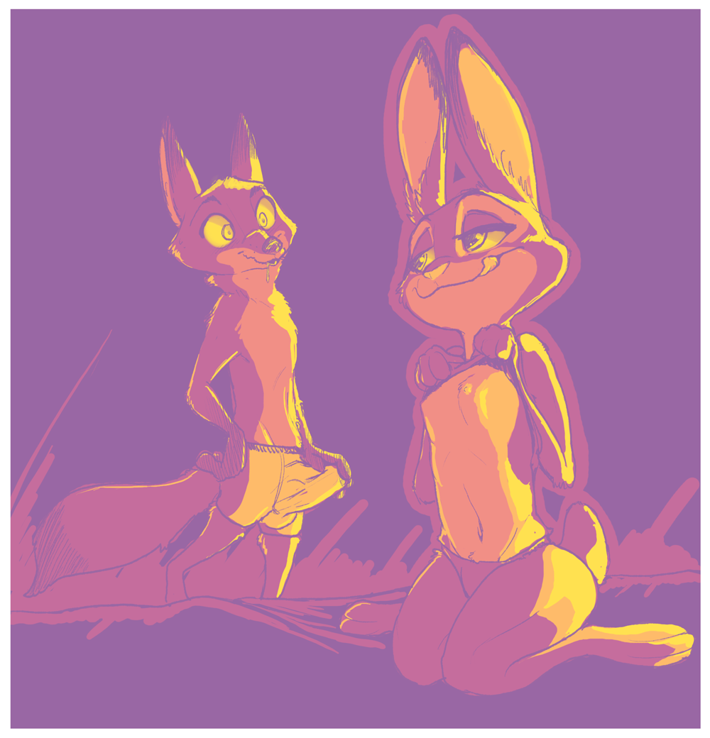 anthro bodily_fluids breasts bulge canid canine clothed clothing disney drooling duo female flashing fox genital_outline judy_hopps lagomorph leporid male male/female mammal nick_wilde penis_outline purple_background rabbit robcivecat saliva simple_background smug tongue tongue_out topless underwear zootopia