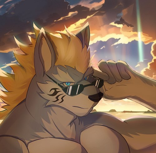 anthro biceps blonde_hair blue_body blue_eyes blue_fur bluealier canid canine canis cloud eyewear facial_tattoo fenrir_(housamo) fur hair lifewonders low_res male mammal muscular muscular_anthro muscular_male pecs shirtless shirtless_anthro shirtless_male solo sunglasses sunset tattoo tokyo_afterschool_summoners wolf