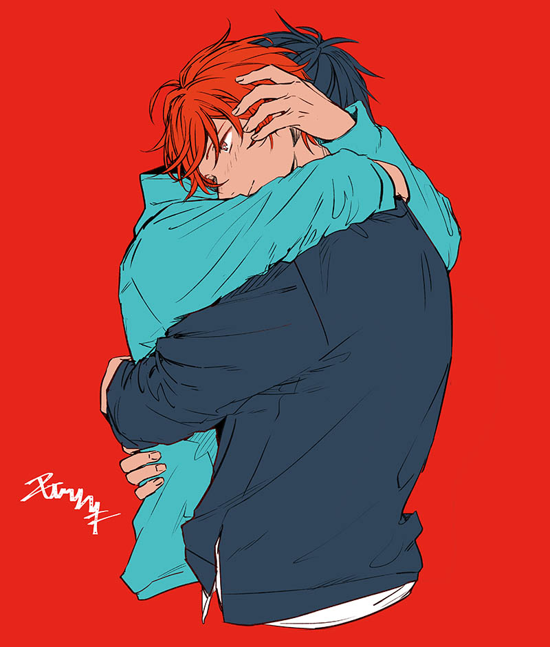 2boys black_hair blue_hoodie blush given head_grab hood hoodie hug kizu_natsuki multiple_boys red_background red_hair satou_mafuyu uenoyama_ritsuka yaoi