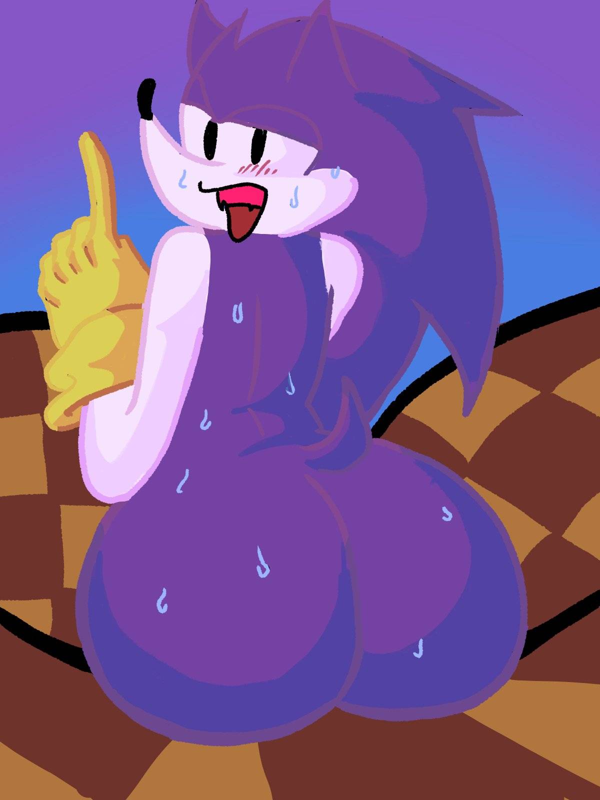 ambiguous_gender anthro big_butt black_eyes blush blush_lines bodily_fluids butt clothing creepypasta eulipotyphlan fan_character fur gloves handwear hedgehog hi_res huge_butt looking_at_viewer looking_back looking_back_at_viewer mammal needlem0use_(analogue_horror) open_mouth purple_background purple_body purple_fur sarah_(needlemouse) sega simple_background solo sonic.exe_(creepypasta) sonic_the_hedgehog sonic_the_hedgehog_(series) sweat sweatdrop unknown_artist white_body white_fur yellow_clothing yellow_gloves yellow_handwear