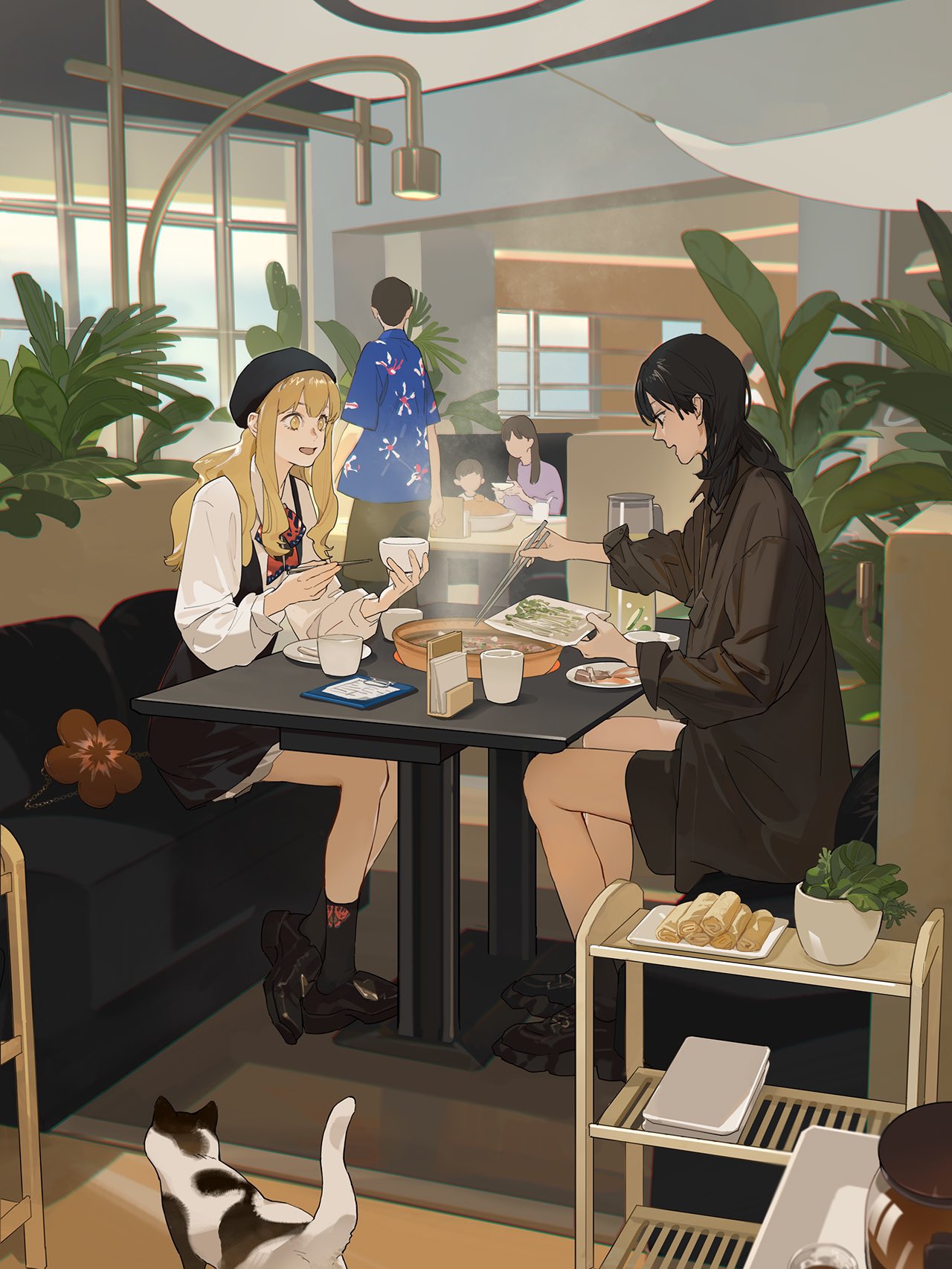 2boys 3girls black_hair blonde_hair bowl cat cooking_pot couch cup eating food highres holding holding_bowl meat multiple_boys multiple_girls on_couch plate qiu_tong restaurant spring_roll sq_(series) sun_jing tanjiu tray vegetable