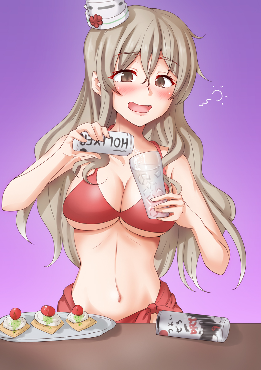 1girl alcohol anti_(untea9) beer_can bikini breasts brown_eyes can cleavage commentary_request cup drinking_glass drunk food gradient_background grey_hair hat highres holding kantai_collection large_breasts mini_hat pola_(kancolle) pouring purple_background red_bikini red_sarong sarong solo swimsuit table tilted_headwear upper_body wavy_hair wine