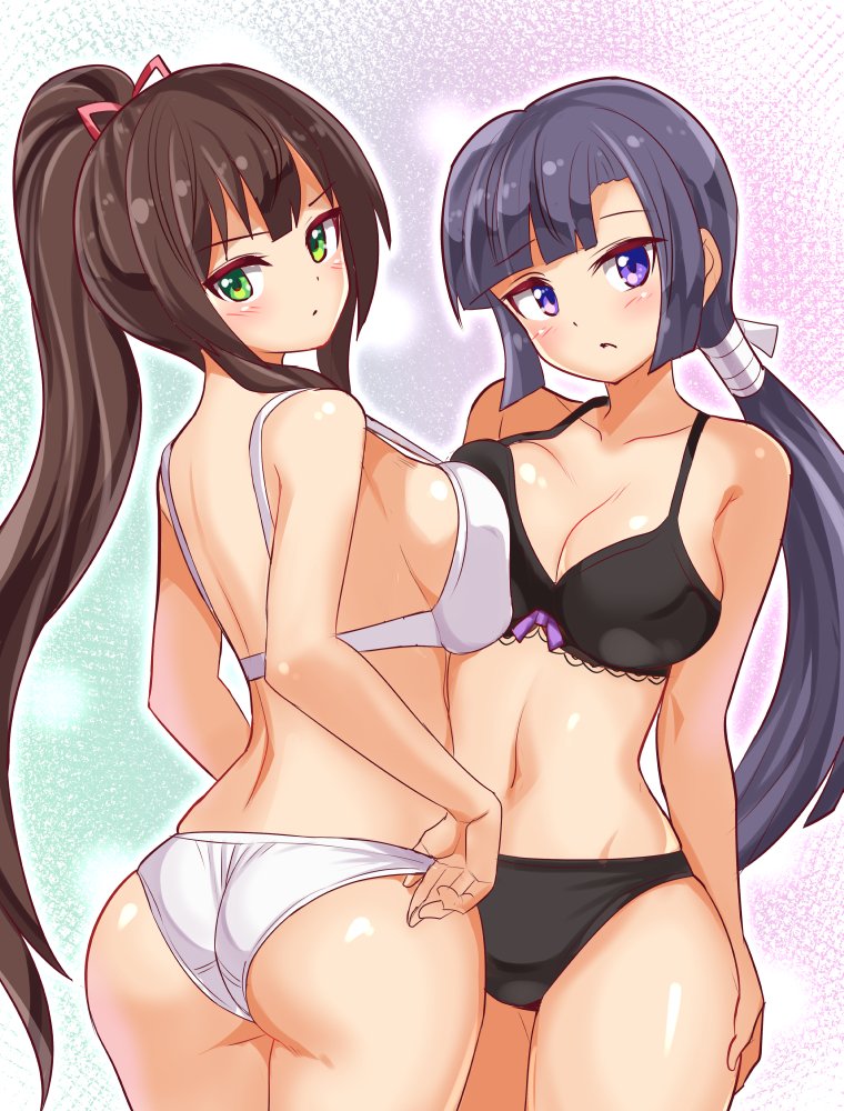 2girls adjusting_clothes adjusting_panties ass back black_hair blue_hair bow bow_bra bra breast_press breasts cleavage closed_mouth commission cougar_(cougar1404) crotch_seam green_eyes hair_ribbon hair_tie hand_on_own_ass high_ponytail lace-trimmed_bra lace_trim large_breasts light_frown looking_at_viewer looking_back low_ponytail multiple_girls navel original panties parted_lips purple_eyes red_ribbon ribbon skeb_commission standing straight_hair symmetrical_docking underwear underwear_only white_bra white_panties