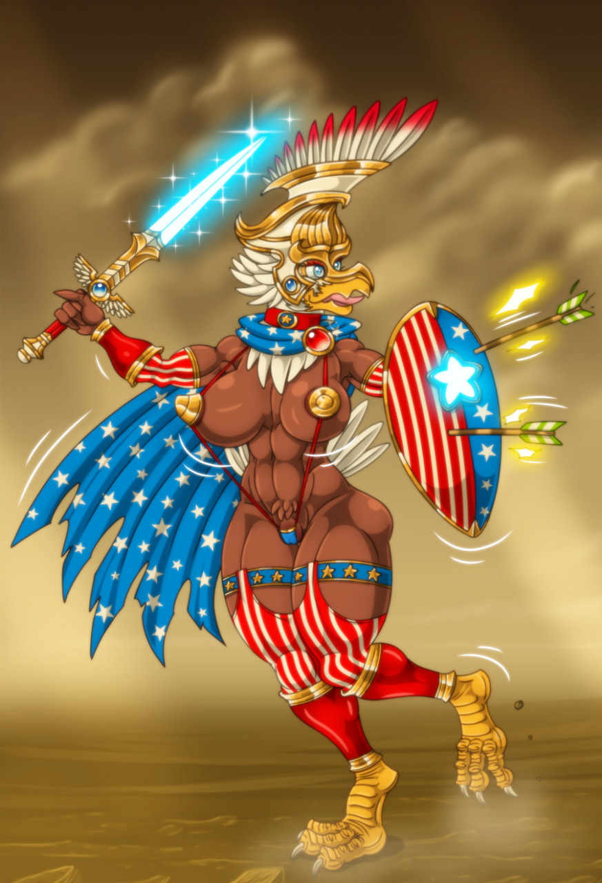 accipitrid accipitriform anthro areola armor armwear arrow_(weapon) avian bald_eagle beak big_breasts bikini bird blue_cape blue_eyes breasts brown_areola brown_body brown_feathers bythebook camel_toe clothing eagle eyelashes feathers female headgear helmet hi_res holding_object holding_shield holding_sword holding_weapon legwear melee_weapon navel open_mouth pattern_armwear pattern_clothing pattern_legwear ranged_weapon red_armwear red_clothing red_legwear sea_eagle shield sling_bikini solo sparkles stars_and_stripes striped_armwear striped_clothing striped_legwear stripes swimwear sword thick_thighs united_states_of_america weapon white_body white_feathers wide_hips