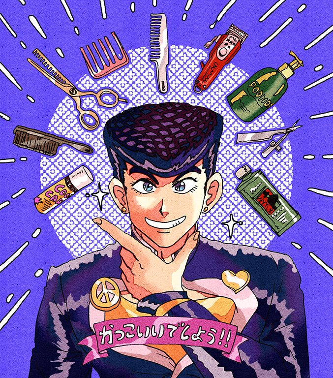 1boy blue_eyes electric_razor finger_frame gakuran grin hairspray heart_ornament higashikata_josuke jojo_no_kimyou_na_bouken kotobawa male_focus peace_symbol pompadour purple_hair razor school_uniform scissors shampoo smile solo sparkle