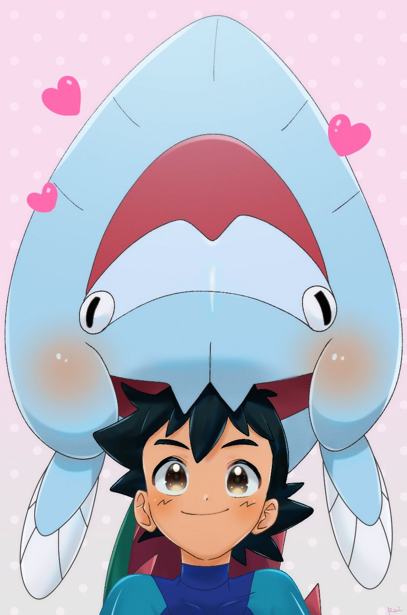 1boy affectionate ash_ketchum biting black_hair blush bodysuit brown_eyes closed_mouth commentary_request covered_collarbone dracovish gradient_background head_biting heart highres male_focus pink_background pokemon pokemon_(anime) pokemon_(creature) pokemon_journeys rei_hinketsu short_hair smile wetsuit