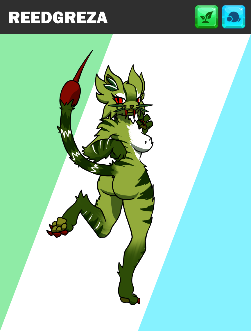 animal_humanoid anthro cat_humanoid cat_tail claws elemental_creature fangs felid felid_humanoid feline feline_humanoid female flora_fauna green_body humanoid mammal mammal_humanoid plant plant_hair pseudo_hair red_eyes reeds rottentuttifrutti solo stinger teeth