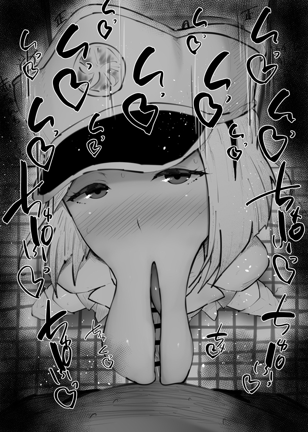 1boy 1girl :&gt;= anatomical_nonsense bar_censor bleach blush censored commentary_request copyright_name erection fellatio greyscale hat hetero kurotama liltotto_lamperd looking_at_viewer mixed-language_text monochrome nose_blush oral peaked_cap penis pov pov_crotch saliva short_hair solo_focus squatting sweat tile_floor tiles tongue what