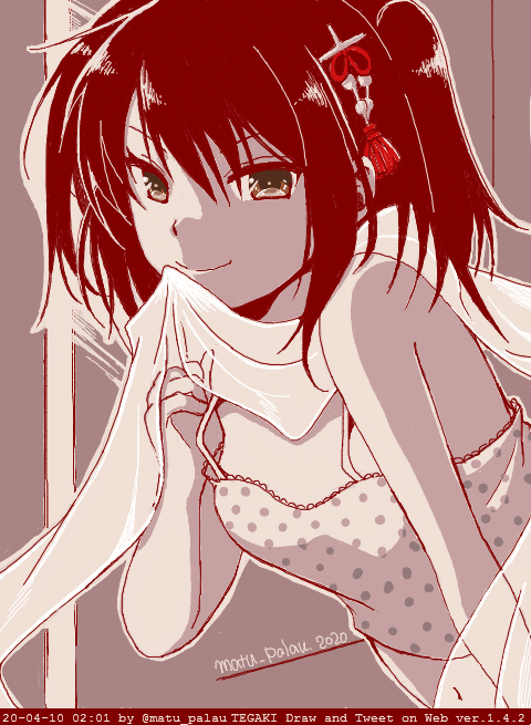 1girl artist_name breasts brown_eyes camisole casual closed_mouth commentary crop_top dated from_side hair_between_eyes hair_ornament kantai_collection leaning_forward looking_at_viewer looking_to_the_side matsuura@parao midriff monochrome navel night_battle_idiot polka_dot_camisole red_theme scarf see-through_scarf sendai_(kancolle) signature small_breasts smile solo spaghetti_strap tegaki_draw_and_tweet twitter_username two_side_up upper_body