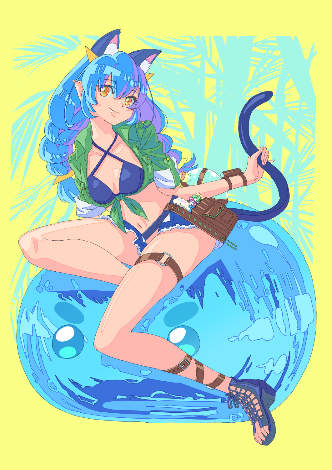 1girl agnes_tachyon_(lunatic_lab)_(umamusume) agnes_tachyon_(umamusume) agnes_tachyon_(umamusume)_(cosplay) animal_ears ankle_strap bikini blue_bikini blue_footwear blue_hair blue_shorts braid breasts cat_ears cat_tail collared_shirt commentary cosplay criss-cross_halter cutoffs extra_ears fang front-tie_top green_shirt hair_ribbon halterneck highres holding_own_tail jj_(ssspulse) leaning_to_the_side leg_up long_hair looking_at_viewer medium_breasts navel official_alternate_costume on_ball open_clothes open_shirt pointy_ears pouch precure prunce_(precure) ribbon sandals shirt short_shorts shorts sitting solo star_twinkle_precure summer's_sunlight_fades_to_blue_(umamusume) swimsuit tail thigh_strap twin_braids umamusume wristband yellow_eyes yellow_ribbon yuni_(precure)