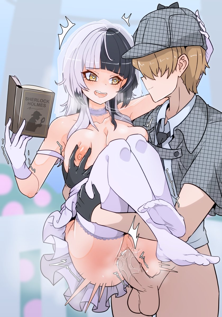 1boy 1girl after_kiss black_hair blush book breasts brown_hair carrying carrying_person choker cum cum_in_pussy gloves grabbing grabbing_another's_breast grey_hair heart heart-shaped_pupils hetero highres holding holding_book hololive hololive_english lace lace-trimmed_choker lace_choker lace_trim large_breasts long_hair moral_cacoethes multicolored_hair nipples open_mouth penis princess_carry pussy sex shiori_novella short_hair smile split-color_hair suit symbol-shaped_pupils two-tone_hair uncensored vaginal virtual_youtuber yellow_eyes