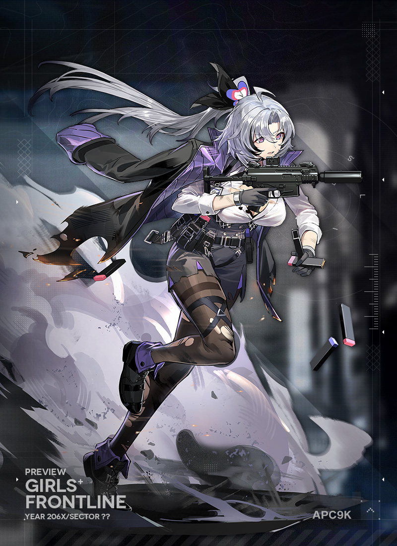 1girl ahoge ankle_boots apc9k_(girls'_frontline) b&amp;t_apc belt belt_pouch black_belt black_bra black_footwear black_hair black_pantyhose black_ribbon boots bra breasts burnt_clothes character_name cleavage colored_tips commentary copyright_name english_commentary flower flower_request full_body girls'_frontline gloves grey_gloves grey_hair gun hair_between_eyes hair_flower hair_ornament hair_ribbon holding holding_gun holding_weapon id_card jacket jacket_on_shoulders kyo_(krokikyon) lace-trimmed_bra lace_trim large_breasts long_hair long_sleeves lower_teeth_only magazine_(weapon) mole mole_under_mouth multicolored_hair official_art pantyhose parted_lips pouch purple_eyes purple_flower reloading ribbon ringed_eyes running second-party_source shirt simple_background smoke solo standing standing_on_one_leg streaked_hair suppressor teeth thigh_strap thighband_pantyhose torn_clothes torn_jacket torn_pantyhose torn_shirt trigger_discipline underwear very_long_hair weapon white_shirt