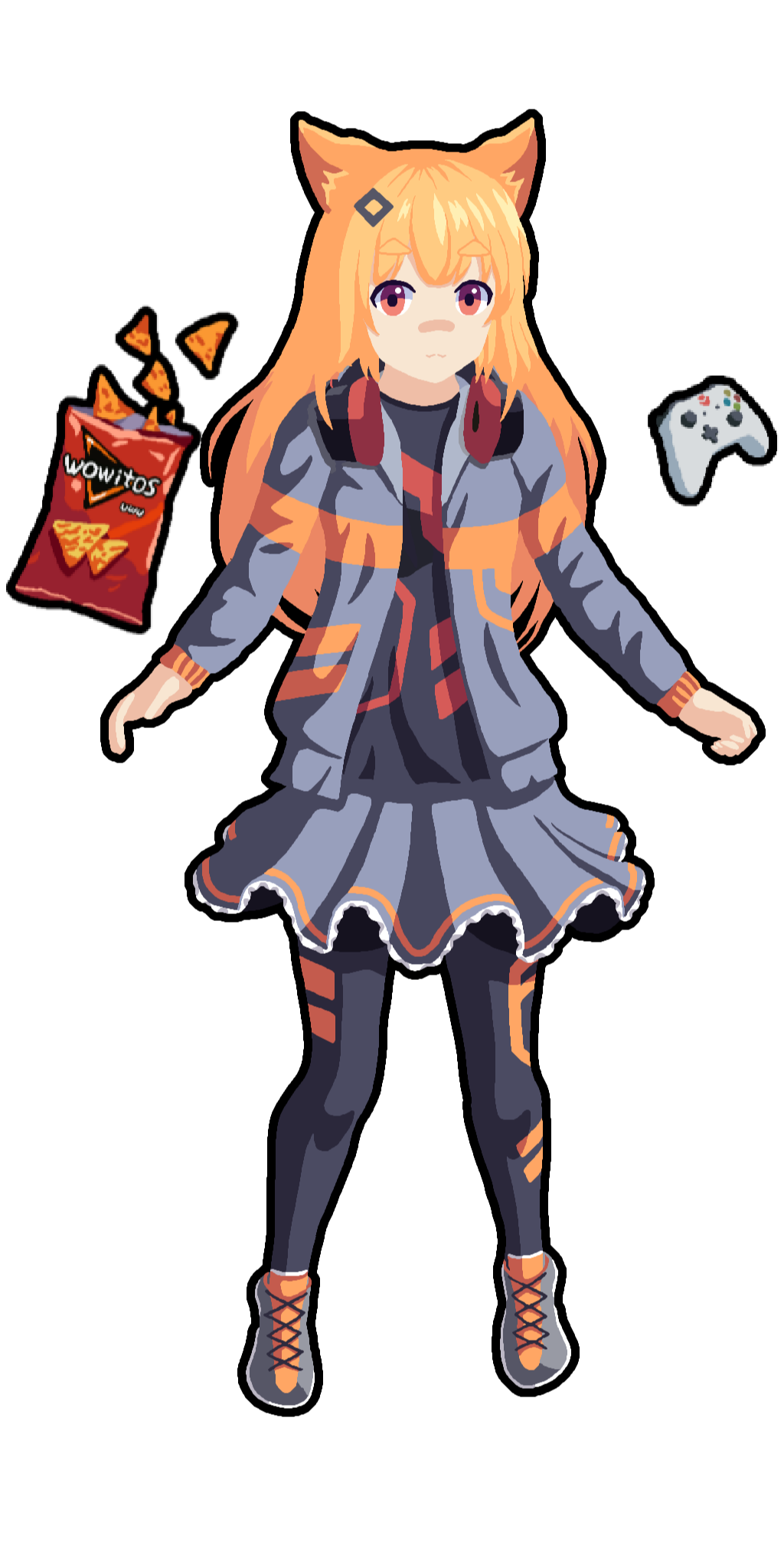 1girl :3 animal_ears anuken bag_of_chips bandaid bandaid_on_face black_background cat_ears character_request closed_mouth controller copyright_request doritos floating floating_object full_body game_controller hair_ornament headphones highres jacket long_hair long_sleeves looking_at_viewer open_clothes open_jacket orange_hair red_eyes shoes simple_background skirt solo