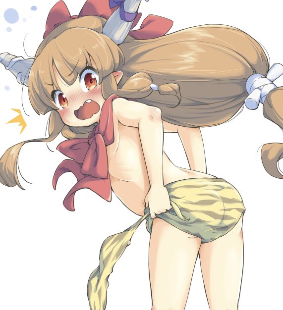 ^^^ animal_print ass bikini blunt_bangs blush bow commentary commentary_request cosplay embarrassed fang fangs flat_chest good_ass_day hair_bow horn_ornament horns ibuki_suika long_hair looking_at_viewer looking_back lum lum_(cosplay) medium_bangs oni oni_horns open_mouth orange_eyes orange_hair pointy_ears purple_bow red_bow ribbon sidelocks simple_background swimsuit tanasuke tiger_print topless touhou unworn_bikini_top urusei_yatsura very_long_hair wavy_mouth white_background white_horns white_ribbon wide-eyed