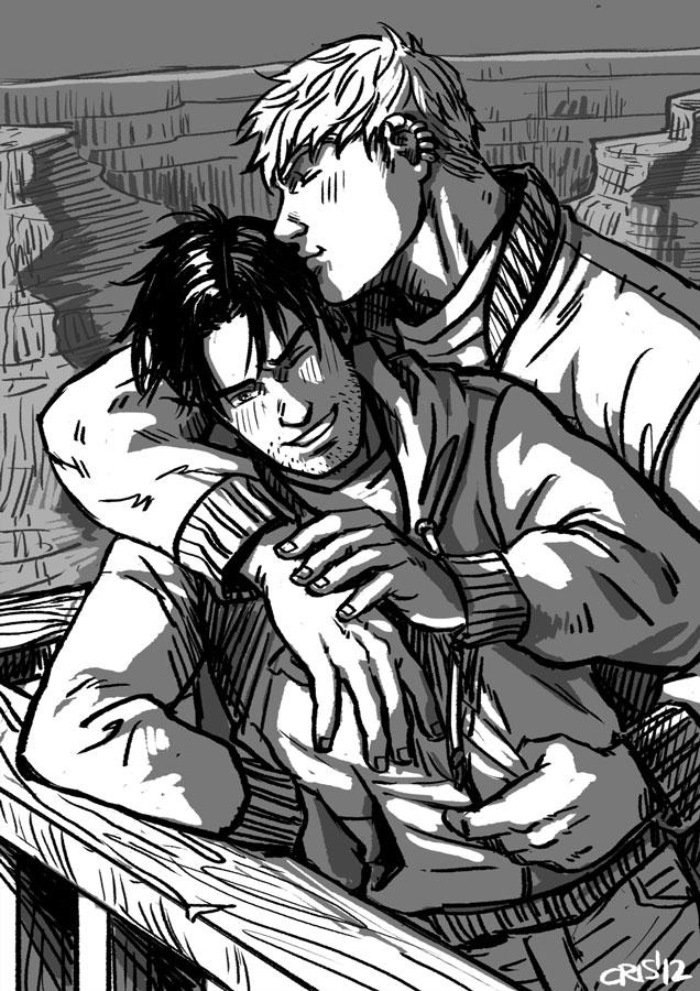 2boys arm_around_shoulder bara black_hair blonde_hair blush closed_eyes couple cris_art ear_piercing fence from_side greyscale grin hand_on_another's_hand head_kiss hulkling jacket long_sideburns male_focus marvel monochrome multiple_boys one_eye_closed piercing short_hair sideburns smile sparse_stubble thick_eyebrows wiccan yaoi