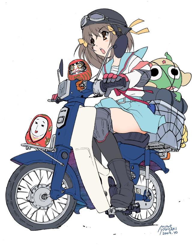 1girl armband artist_name blue_sailor_collar blue_skirt bob_cut breasts brown_eyes brown_hair commentary_request daruma_doll dated full_body hair_ribbon hairband helmet kita_high_school_uniform long_sleeves medium_hair moped motor_vehicle motorcycle_helmet open_mouth red_armband red_ribbon ribbon riding sailor_collar school_uniform serafuku skirt solo suzumiya_haruhi suzumiya_haruhi_no_yuuutsu watermark winter_uniform yellow_ribbon yoshizaki_mine