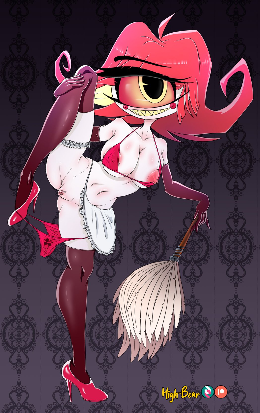 1_eye big_breasts breasts clothing cyclops demon female footwear genitals hazbin_hotel hi_res high-bear high_heels humanoid legwear maid_uniform mature_female niffty_(hazbin_hotel) nipples pussy solo stockings uniform