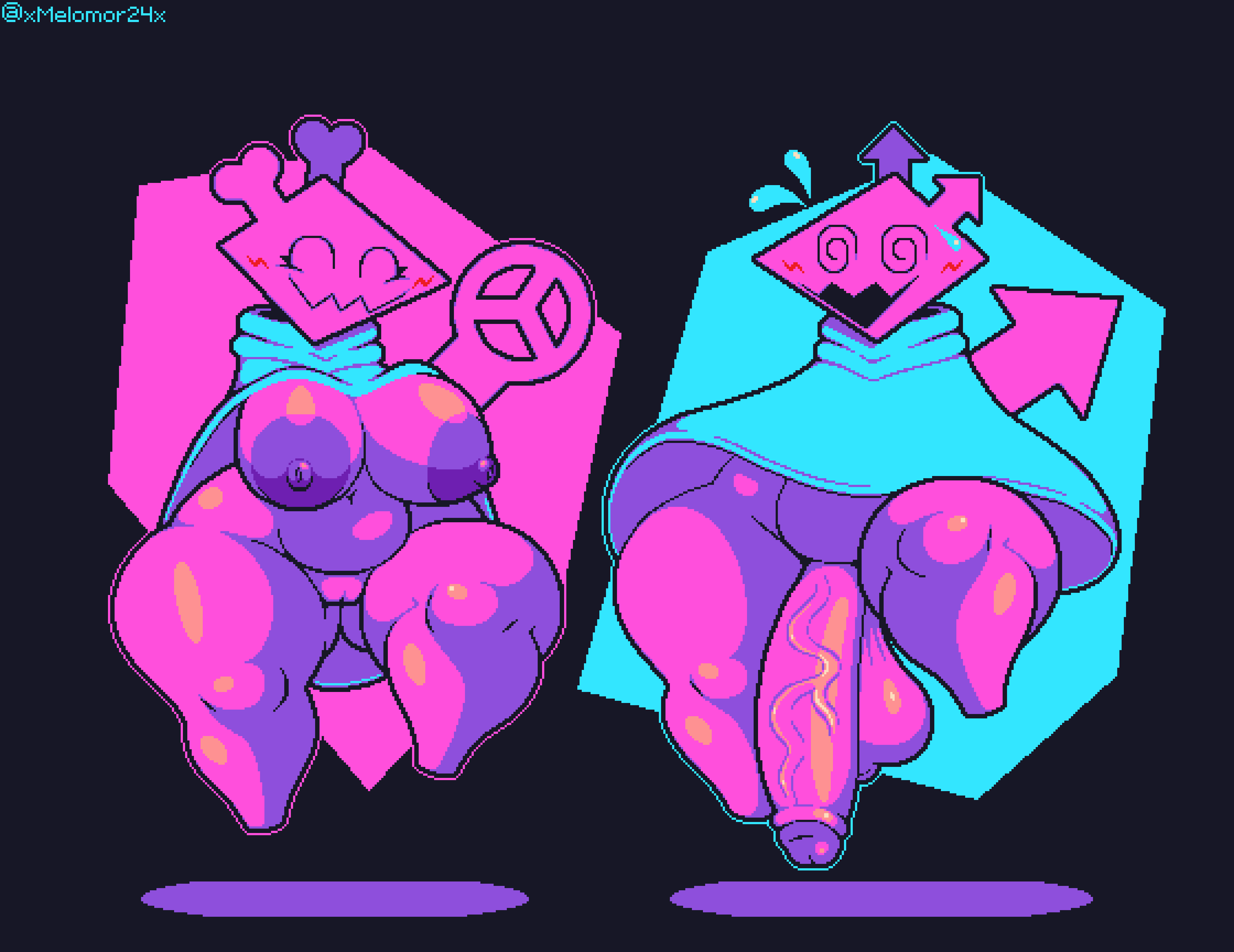 2023 absurd_res armless balls big_balls big_breasts big_butt big_penis blue_clothing blue_robe blush blush_lines breasts butt clothed clothing deltarune digital_creature digital_media_(artwork) dizzy_eyes duo eyes_closed female floating front_view genitals hi_res huge_penis humanoid male melomor no_underwear open_mouth penis pink_body pink_ears pink_tail pixel_(artwork) pussy raised_clothing robe spiral_eyes tail thick_thighs undertale_(series) vein veiny_penis virovirokun