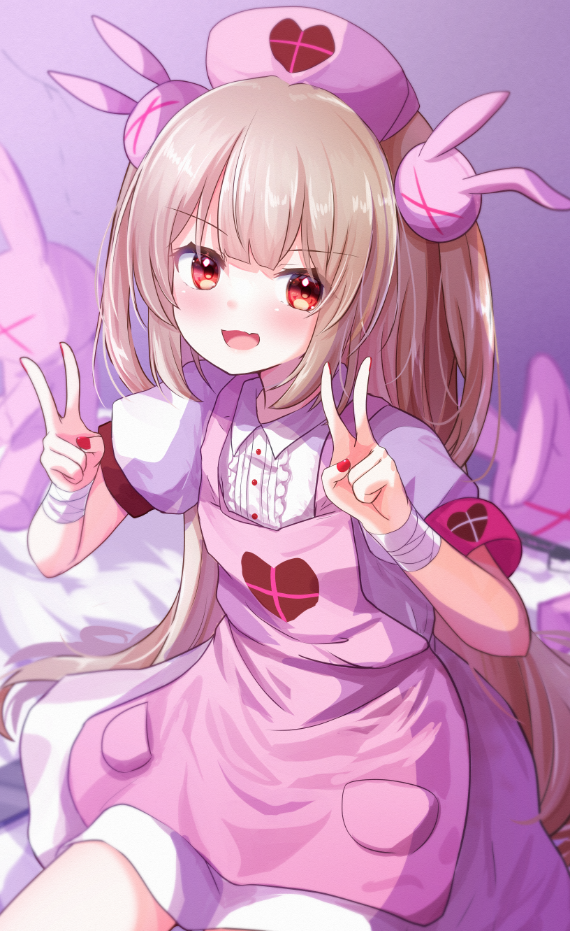 &gt;_&lt; 1girl :d apron armband bandaged_arm bandages bangs baram bed_sheet blush brown_hair center_frills collared_shirt commentary_request frills hair_ornament hat highres long_hair looking_at_viewer nail_polish natori_sana nurse nurse_cap pink_apron pink_headwear puffy_short_sleeves puffy_sleeves rabbit_hair_ornament red_eyes red_nails sana_channel shirt short_sleeves sitting skirt smile solo stuffed_animal stuffed_rabbit stuffed_toy two_side_up very_long_hair virtual_youtuber white_shirt white_skirt